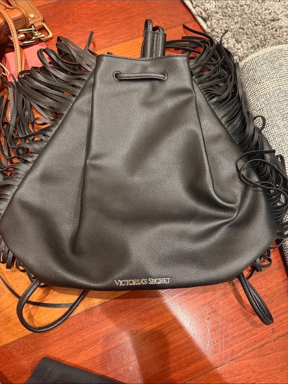 Victoria's Secret Black Fringe Drawstring Backpack